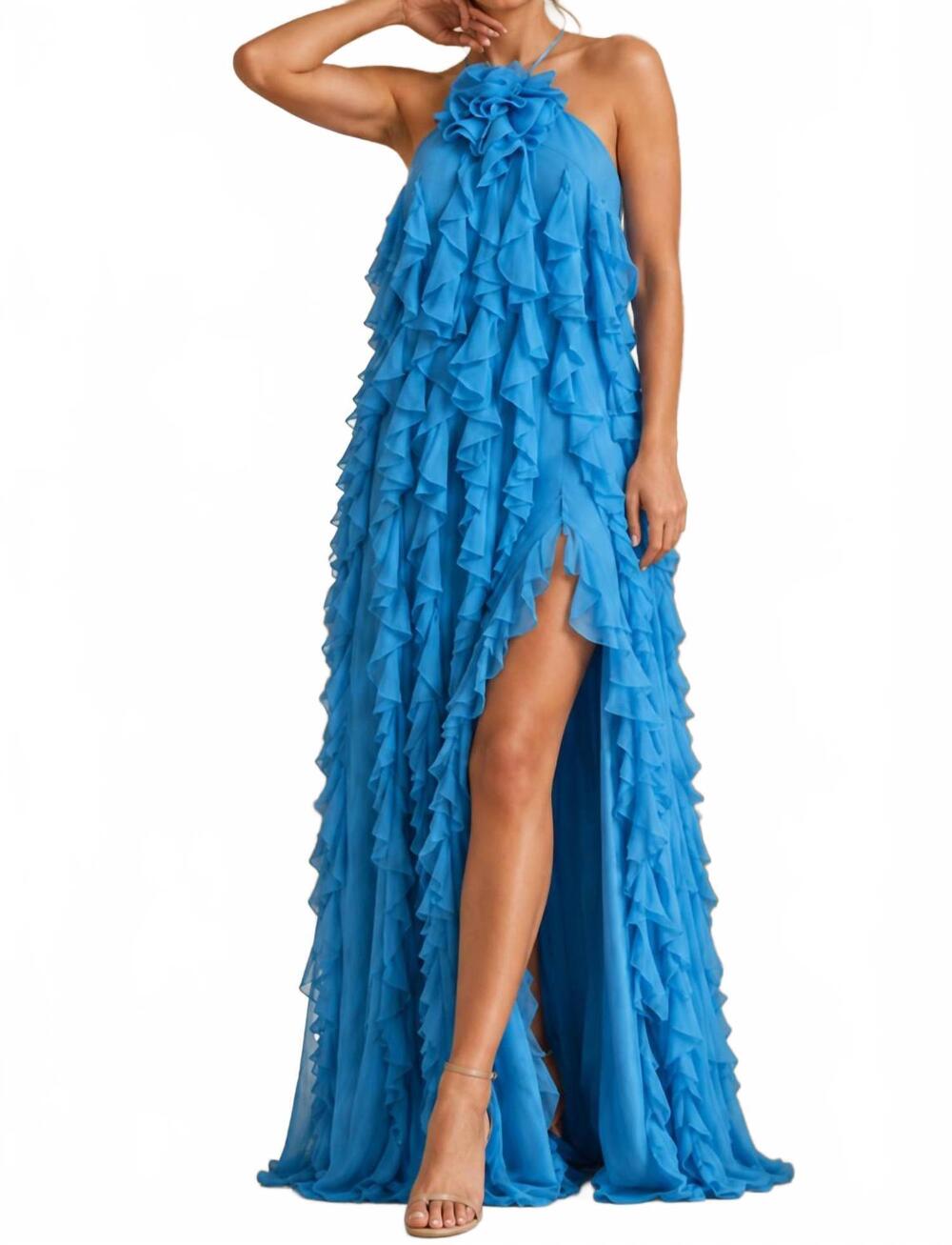 NEW JOVANI halter gown with cascading ruffle in turquoise